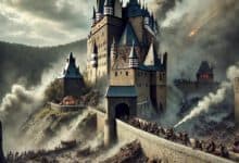 Der dramatische Untergang der Burg Rauber während eines heftigen Angriffs. © www.schwaebischealb.org - Digitale Illustration