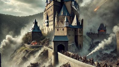 Der dramatische Untergang der Burg Rauber während eines heftigen Angriffs. © www.schwaebischealb.org - Digitale Illustration
